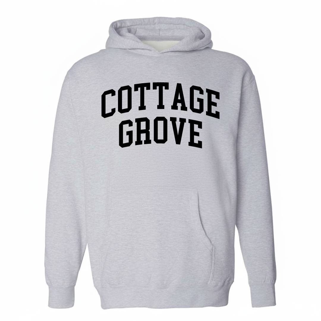 Heather-gray hoodie with the Cottage Grove arched lettering design on the chest.