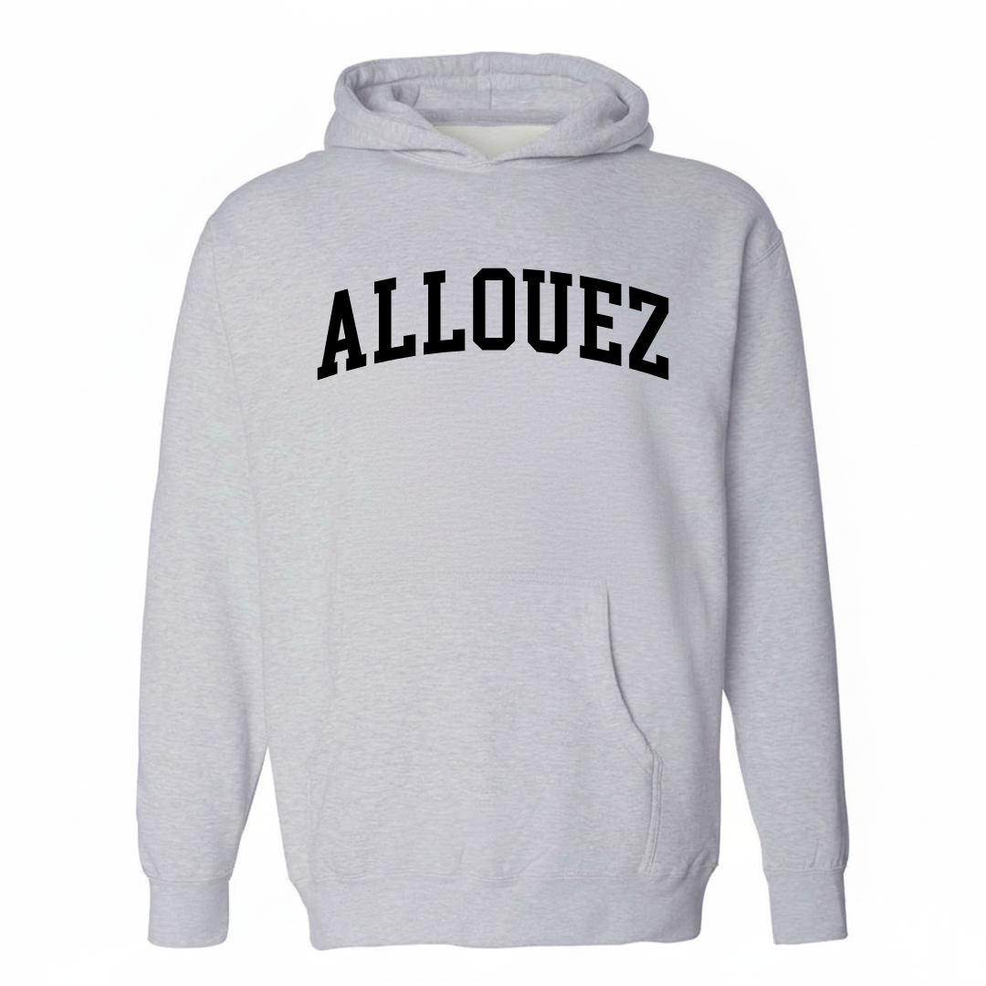Heather-gray hoodie with the Allouez arched lettering design on the chest.
