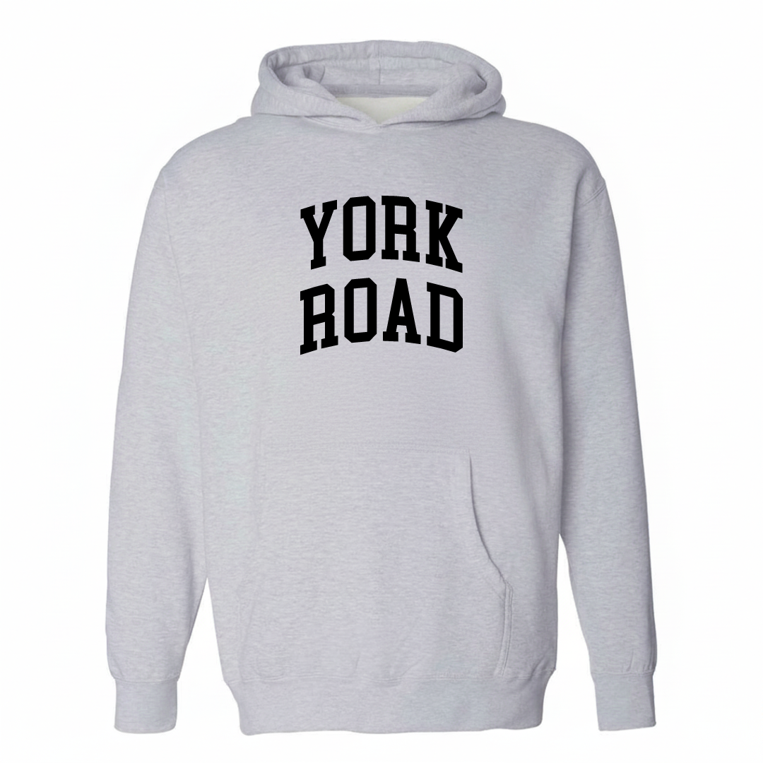 Heather-gray hoodie with the York Road varsity arched lettering design on the chest.