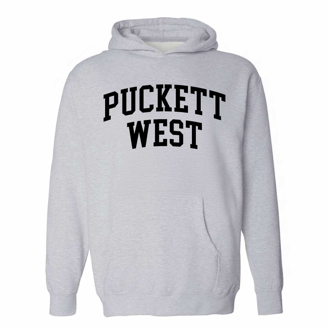 Heather-gray hoodie with the Puckett West arched lettering varsity-collegiate design on the chest.