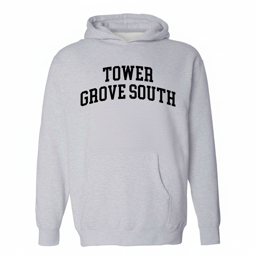 Heather-gray hoodie with the Tower Grove South varsity arched lettering design on the chest.