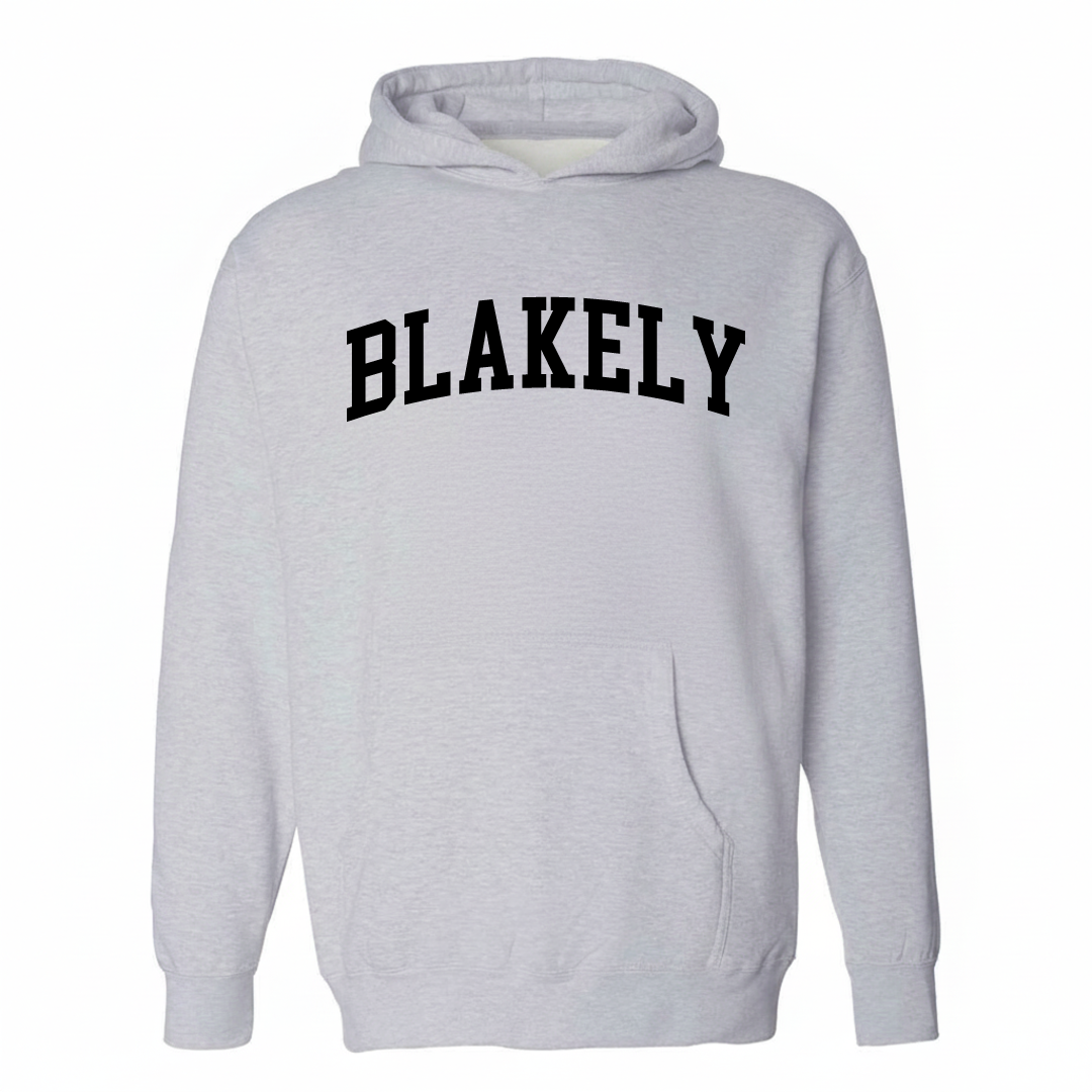 Heather-gray hoodie with the Blakely varsity arched lettering design on the chest.