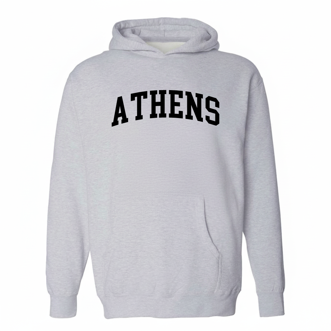 Heather-gray hoodie with the Athens Classic City varsity arched lettering design on the chest.