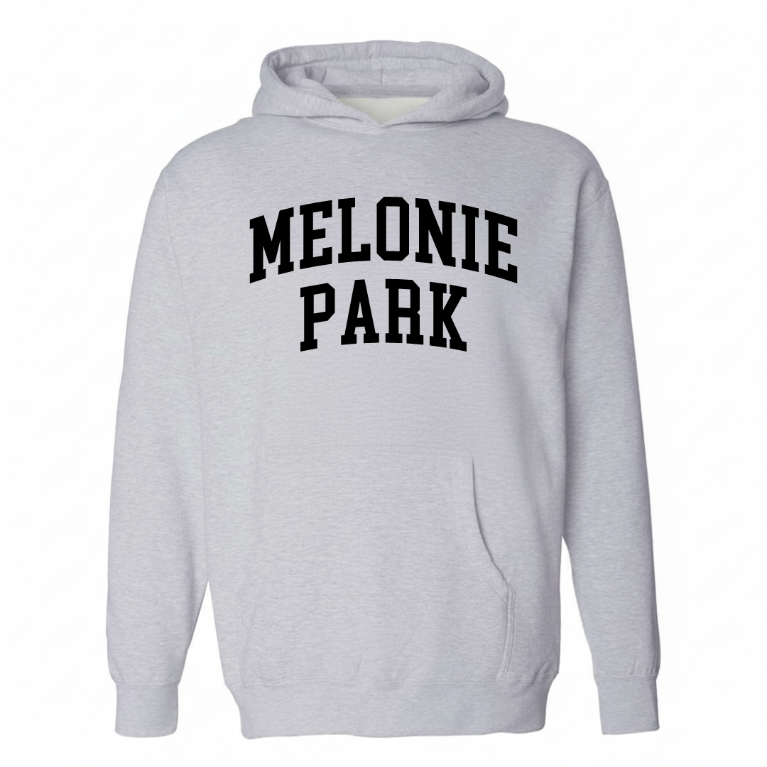 Heather-gray hoodie with the Melonie Park arched lettering design on the chest.