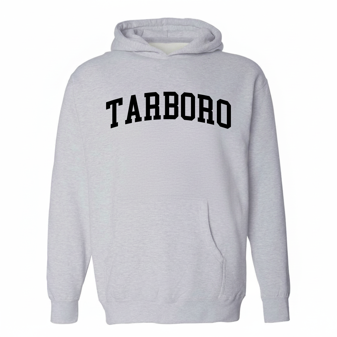 Heather-gray hoodie with the Tarboro varsity arched lettering design on the chest.
