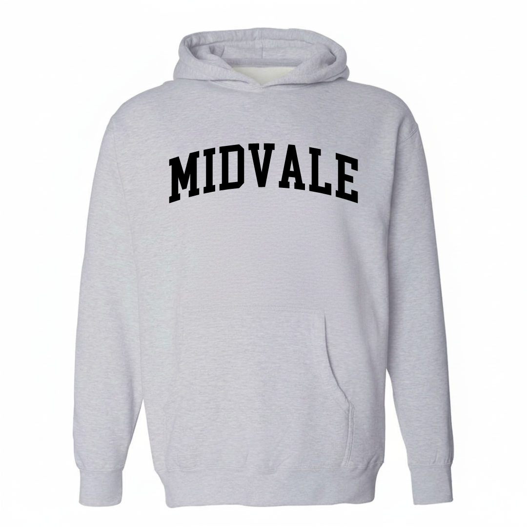 Heather-gray hoodie with the Midvale arched lettering varsity-collegiate design on the chest.