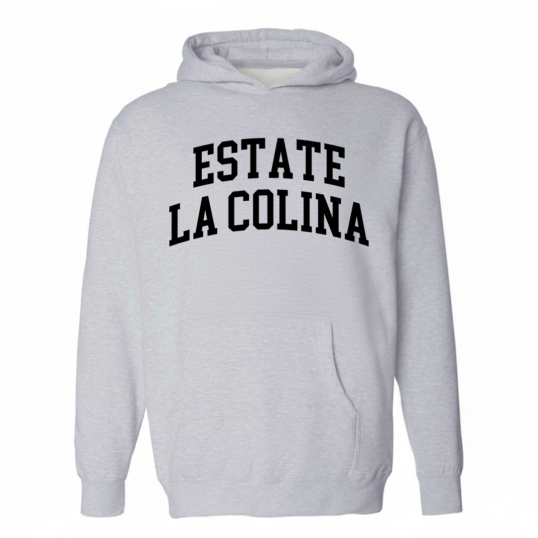 Heather-gray hoodie with the Estate La Colina varsity arched lettering design on the chest.