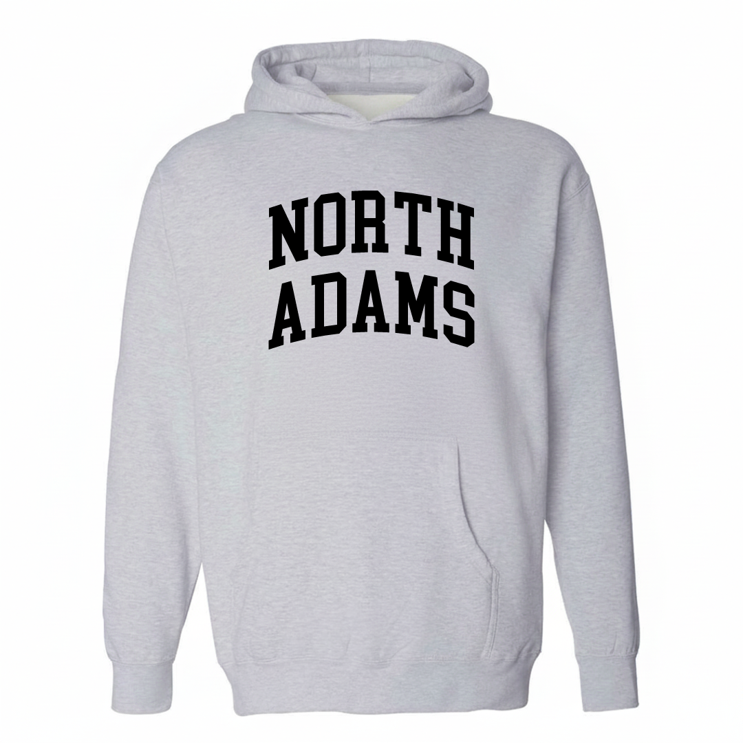 Heather-gray hoodie with the North Adams varsity arched lettering design on the chest.