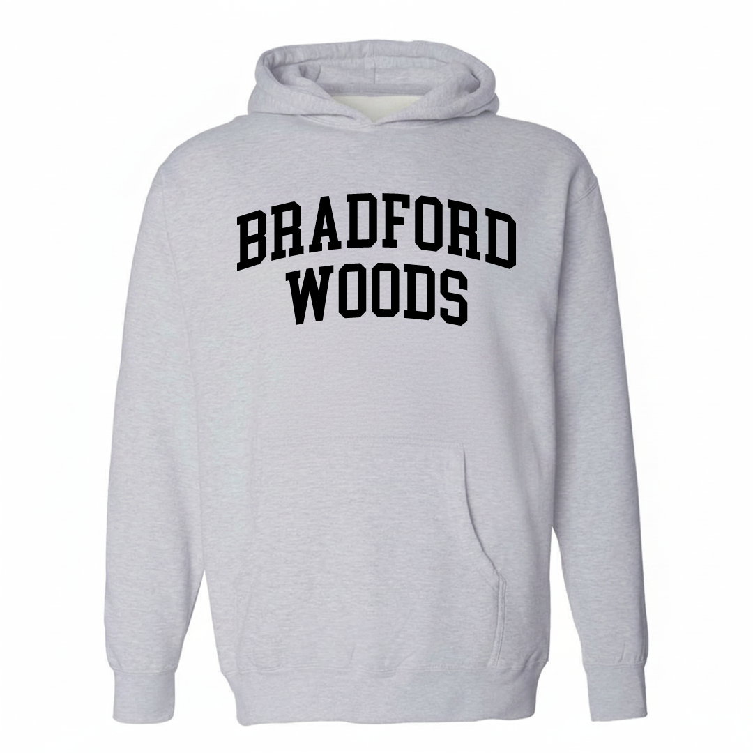 Heather-gray hoodie with the Bradford Woods arched varsity lettering design on the chest.