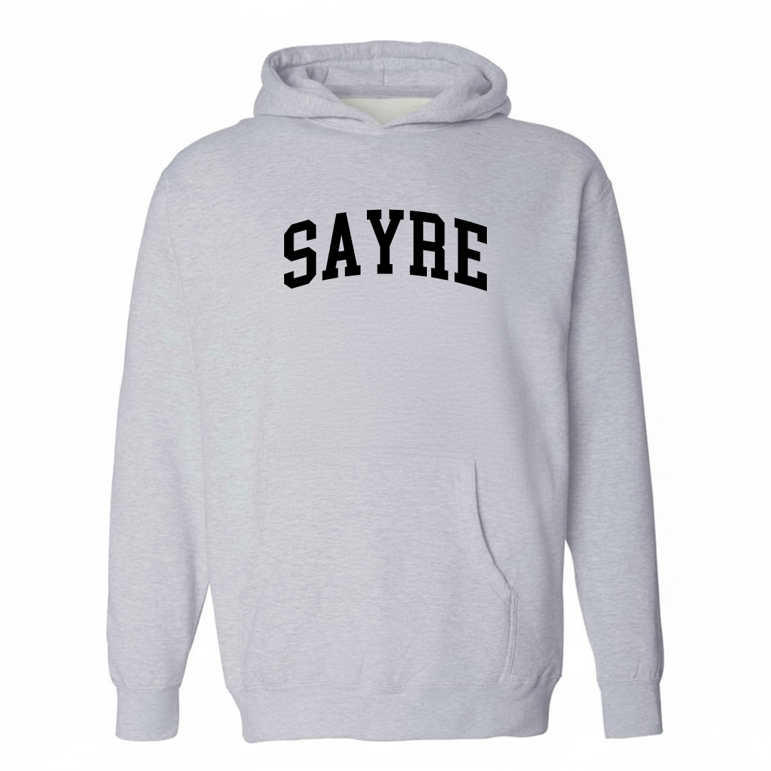 Heather-gray hoodie with the Sayre arched lettering varsity-collegiate design on the chest.