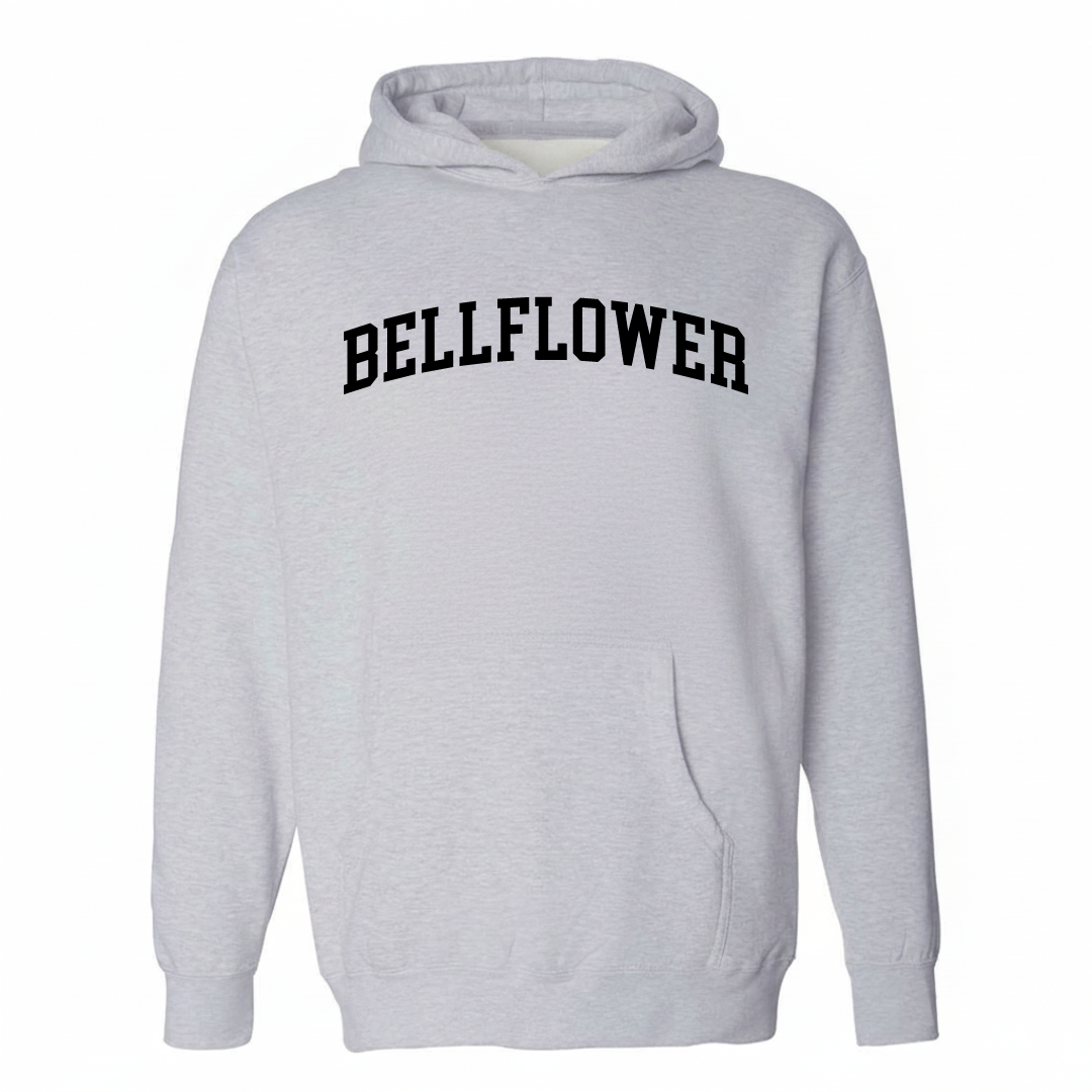 Heather-gray hoodie with the Bellflower varsity arched lettering design on the chest.