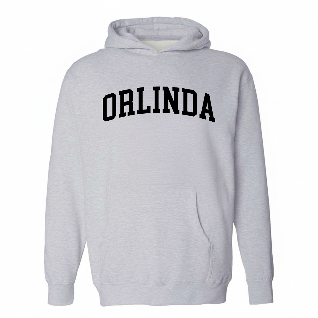 Heather-gray hoodie with the Orlinda varsity arched lettering design on the chest.