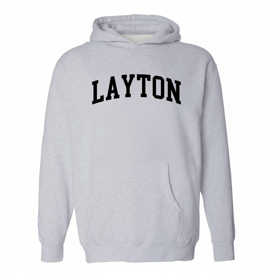 Heather-gray hoodie with the Layton varsity arched lettering design on the chest.