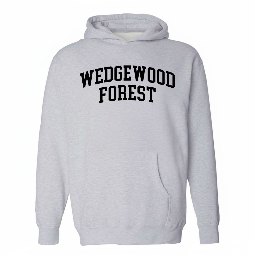 Heather-gray hoodie with the Wedgewood Forest varsity arched lettering design on the chest.