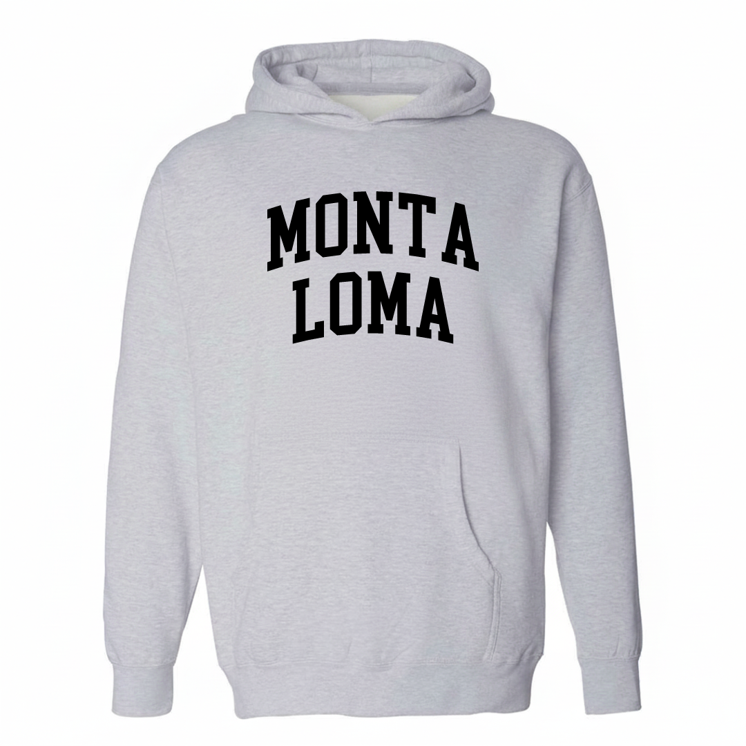 Heather-gray hoodie with the Monta Loma varsity arched lettering design on the chest.
