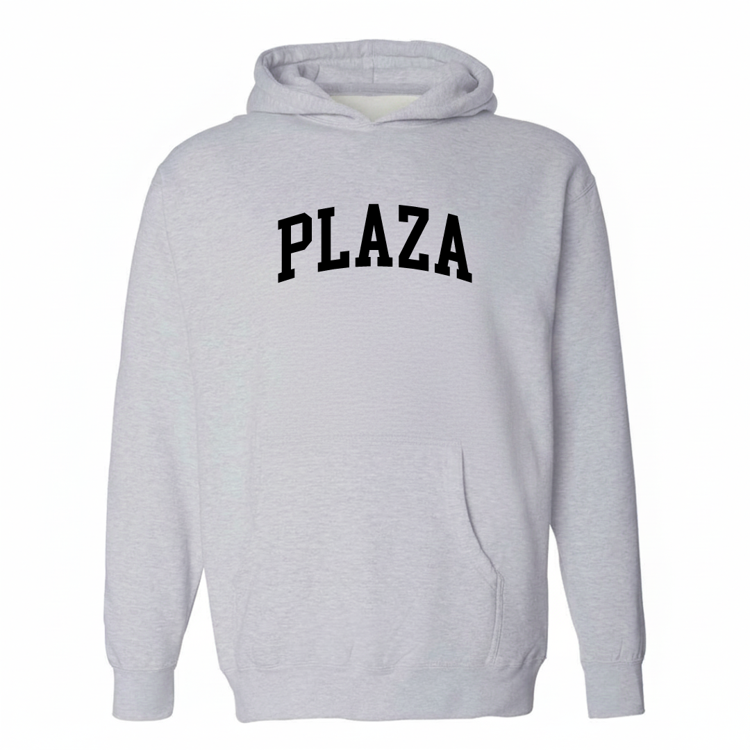 Heather-gray hoodie with the Plaza Long Beach varsity arched lettering design on the chest.