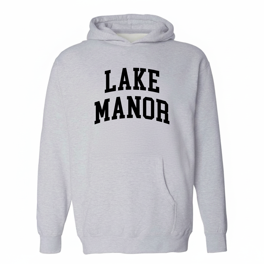 Heather-gray hoodie with the Lake Manor arched lettering varsity-collegiate design on the chest.