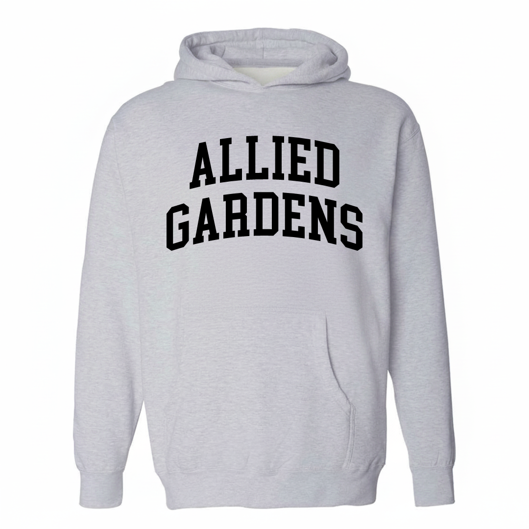 Heather-gray hoodie with the Allied Gardens varsity arched lettering design on the chest.