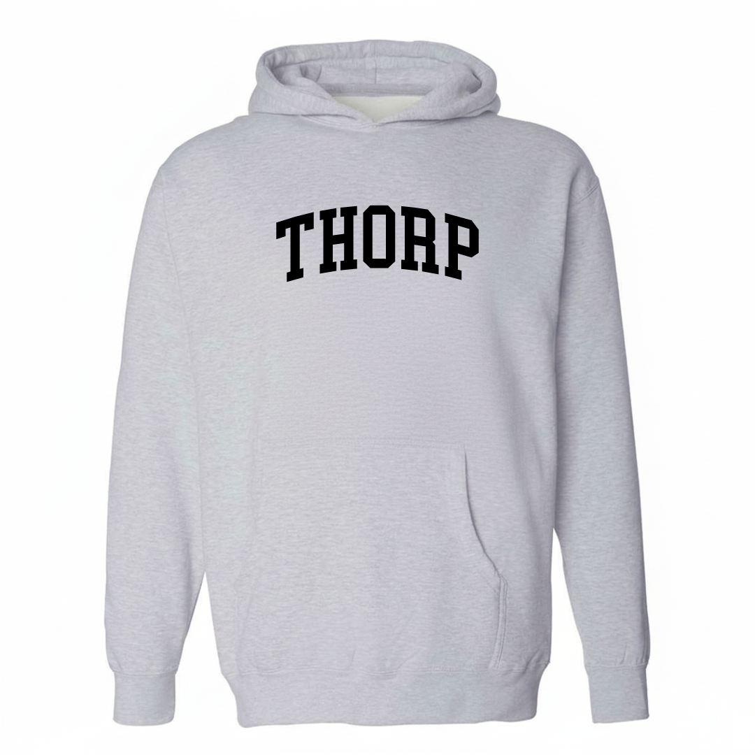 Heather-gray hoodie with the Thorp arched lettering varsity-collegiate design on the chest.