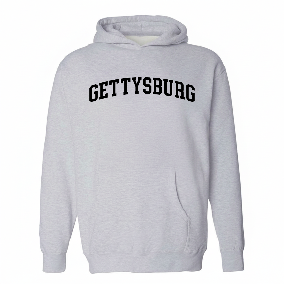 Heather-gray hoodie with the Gettysburg varsity arched lettering design on the chest.