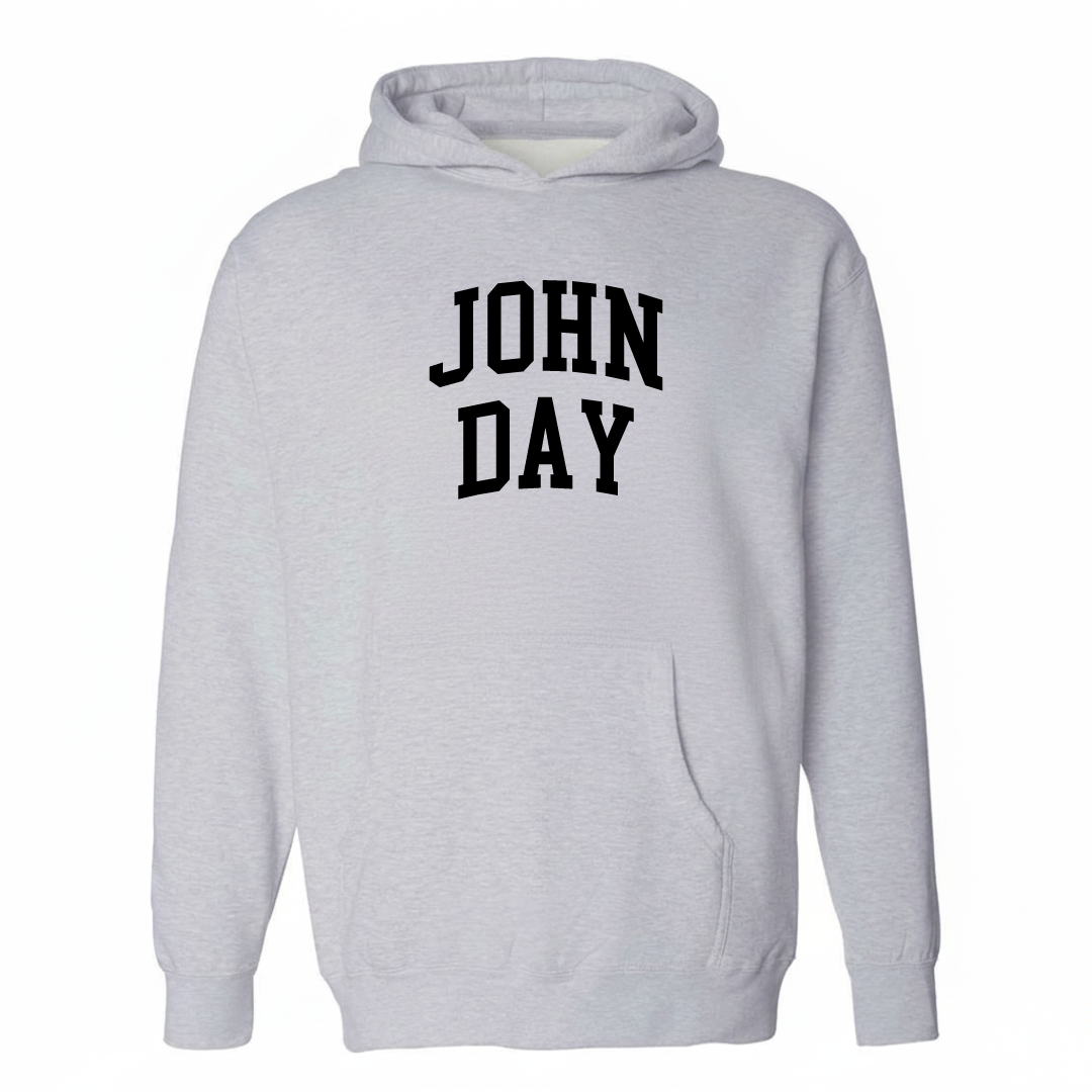 Heather-gray hoodie with the John Day varsity arched lettering design on the chest.