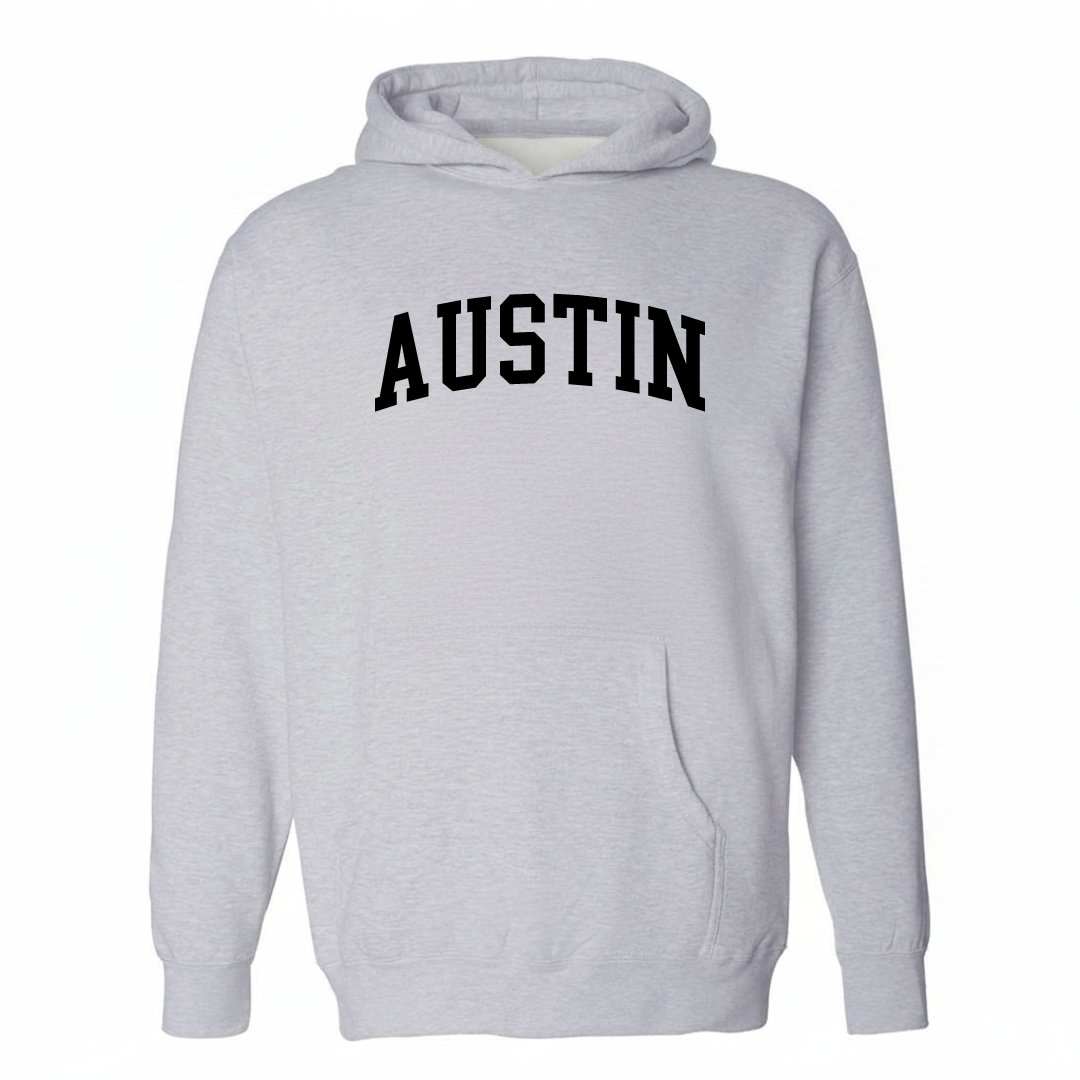 Heather-gray hoodie with the Austin Arkansas arched varsity lettering design on the chest.