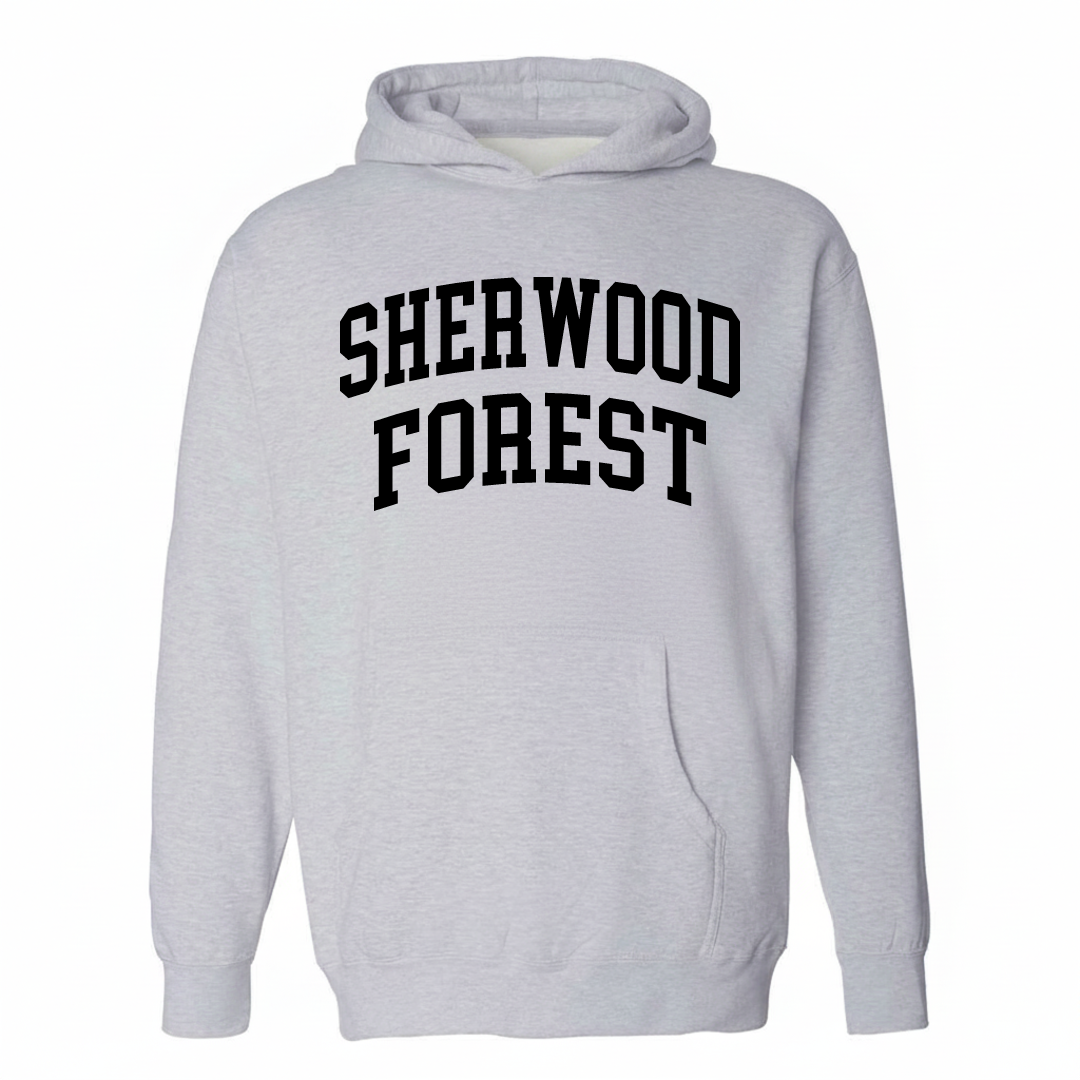 Heather-gray hoodie with the Sherwood Forest varsity arched lettering design on the chest.