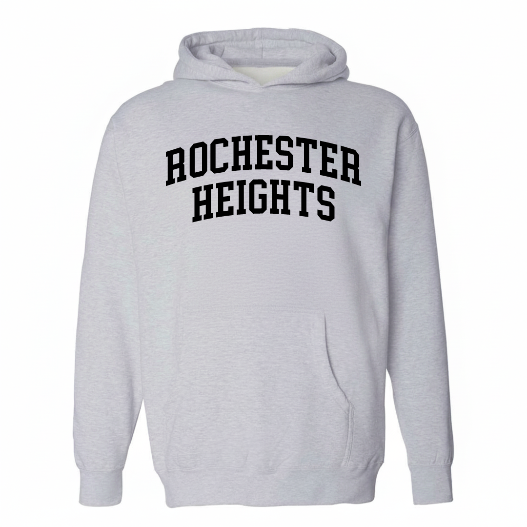 Heather-gray hoodie with the Rochester Heights varsity arched lettering design on the chest.
