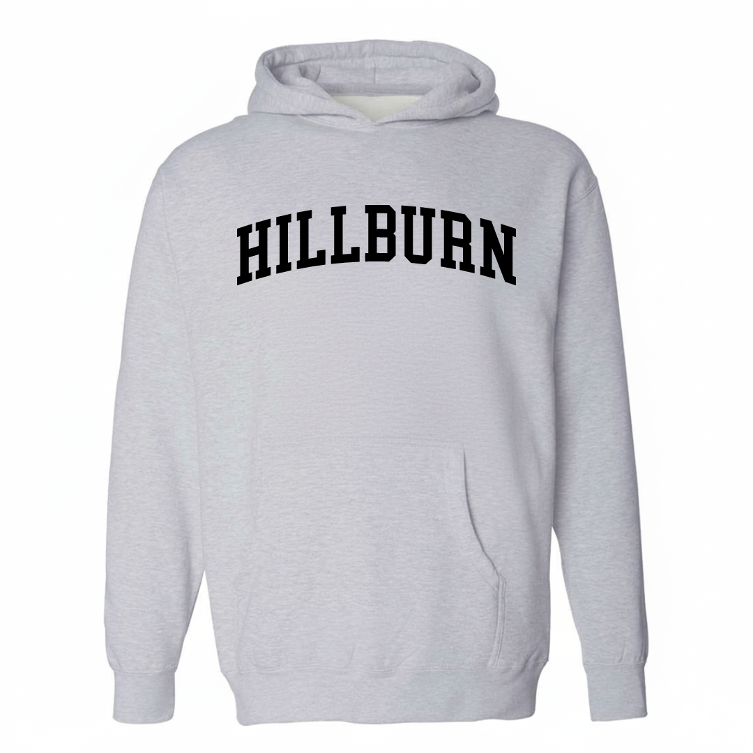 Heather-gray hoodie with the Hillburn varsity arched lettering design on the chest.