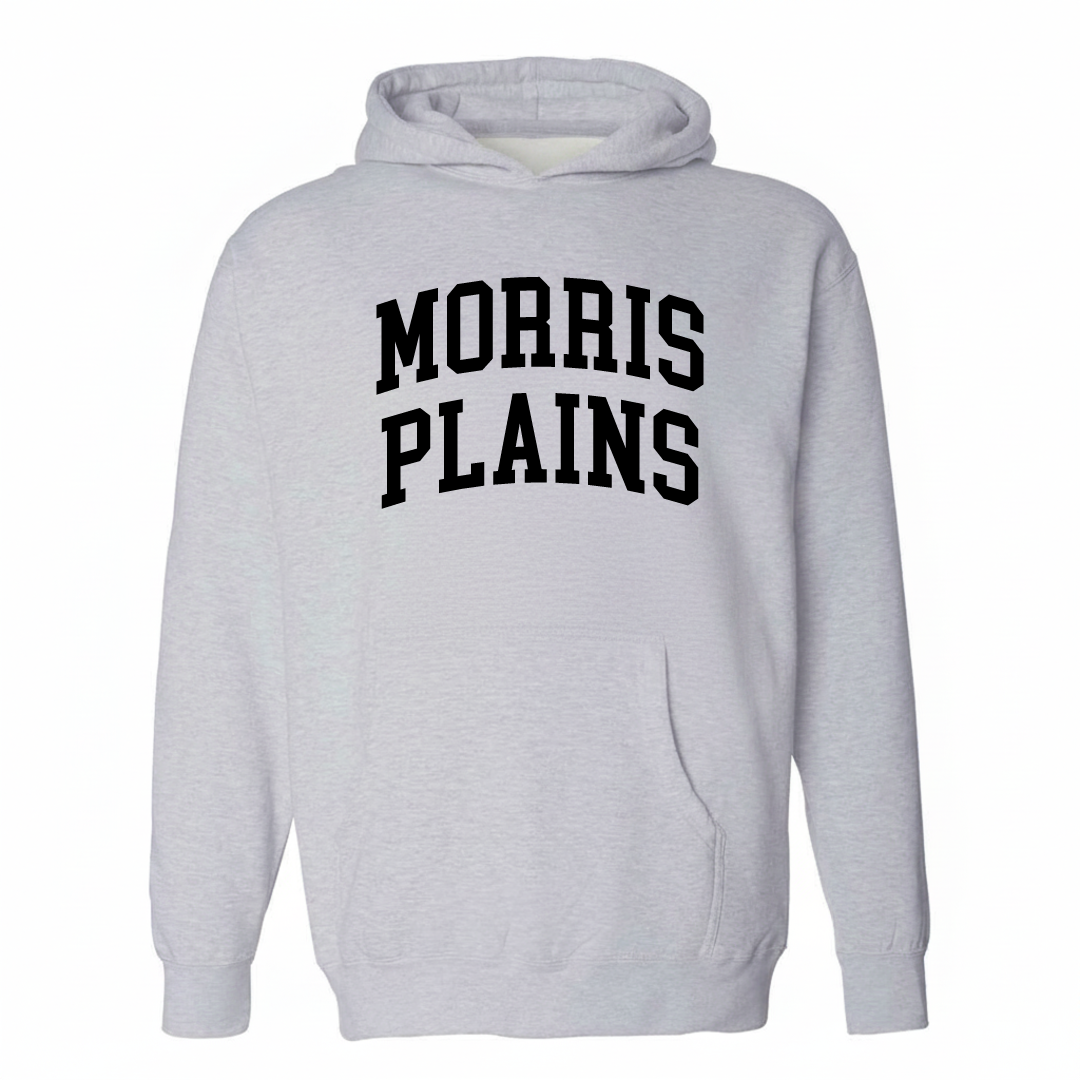 Heather-gray hoodie with the Morris Plains varsity arched lettering design on the chest.