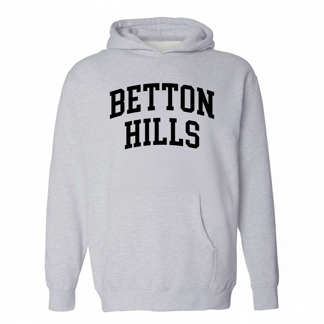 Heather-gray hoodie with the Betton Hills arched varsity lettering design on the chest.