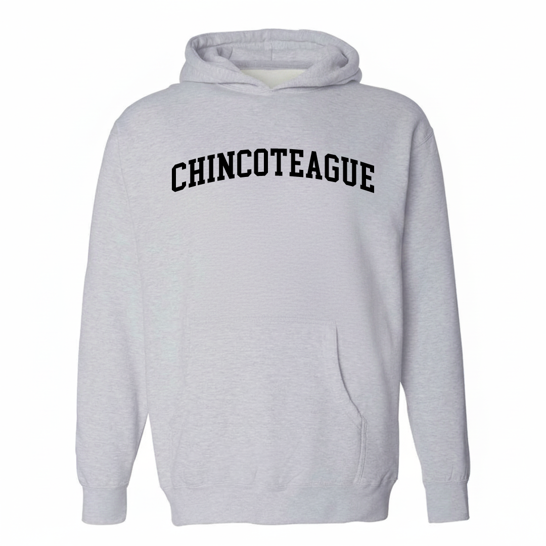 Heather-gray hoodie with the Chincoteague varsity arched lettering design on the chest.