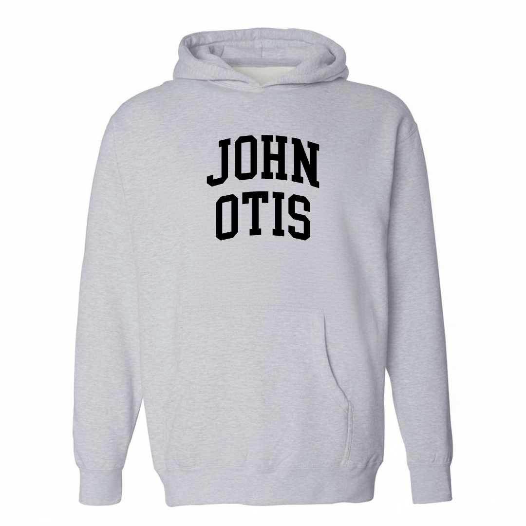 Heather-gray hoodie with the John Otis varsity arched lettering design on the chest.