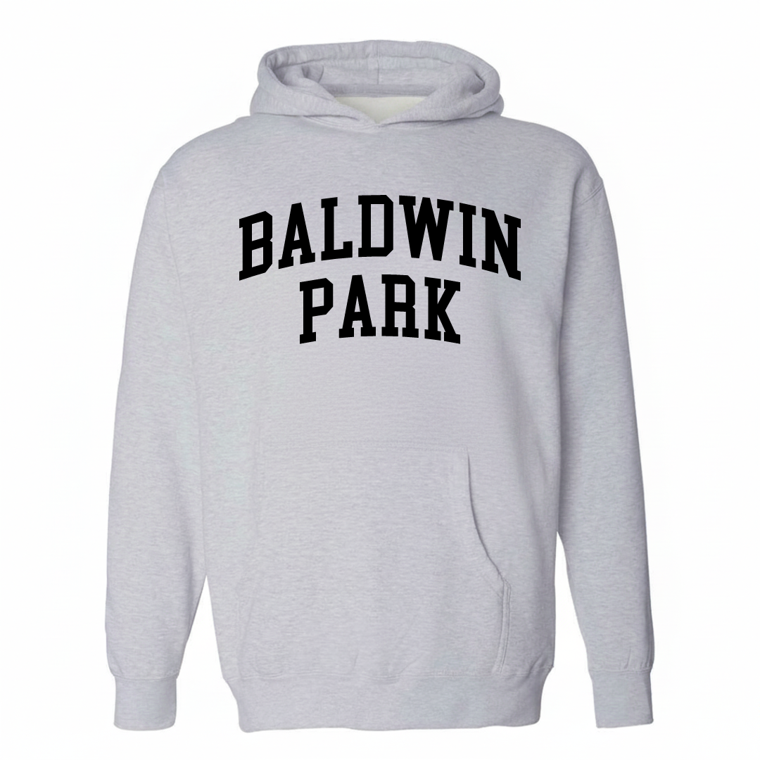Heather-gray hoodie with the Baldwin Park varsity arched lettering design on the chest.