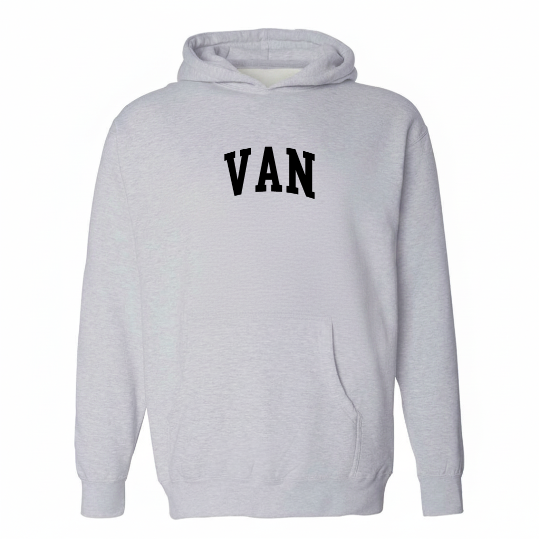 Heather-gray hoodie with the Van, TX varsity arched lettering design on the chest.