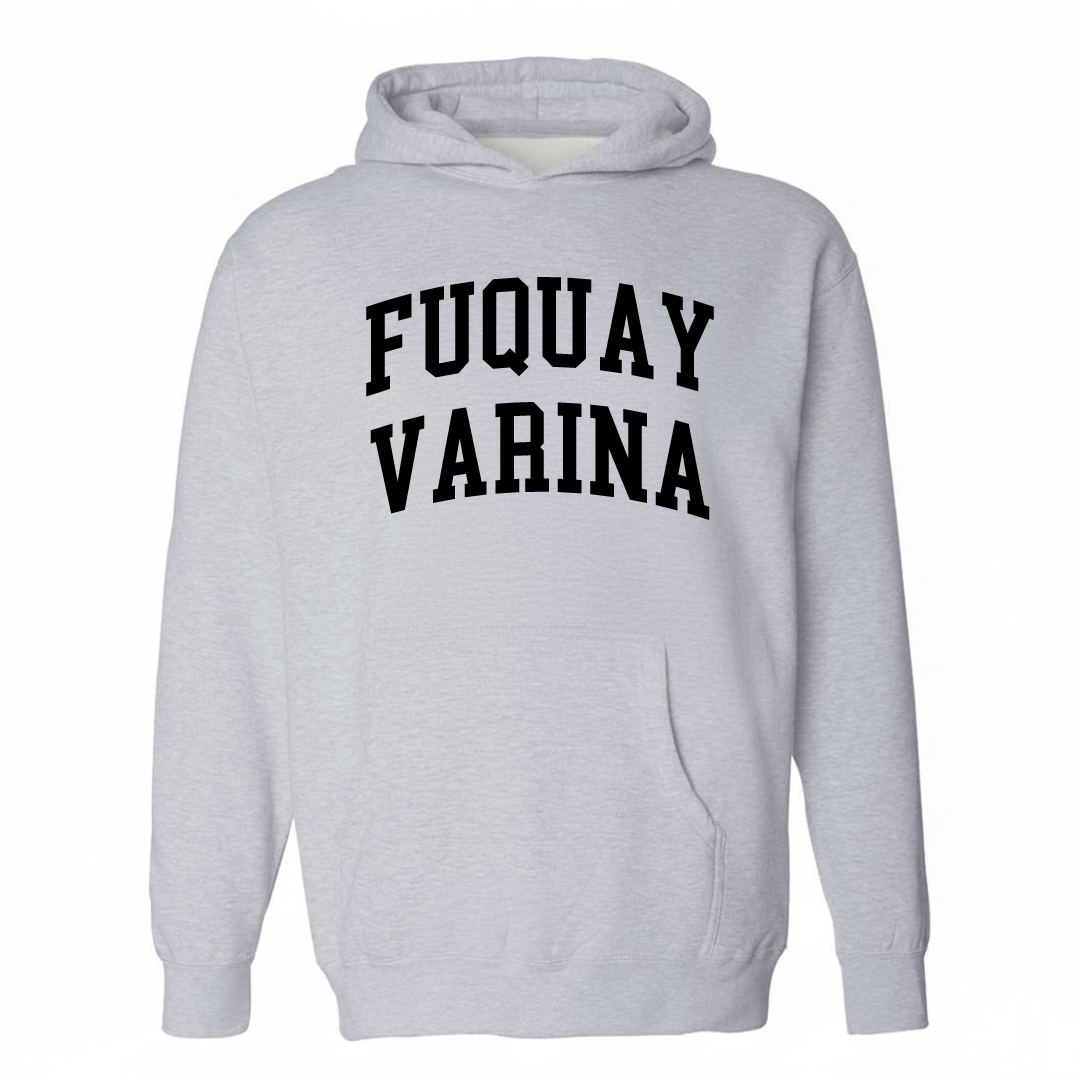 Heather-gray hoodie with the Fuquay-Varina varsity arched lettering design on the chest.