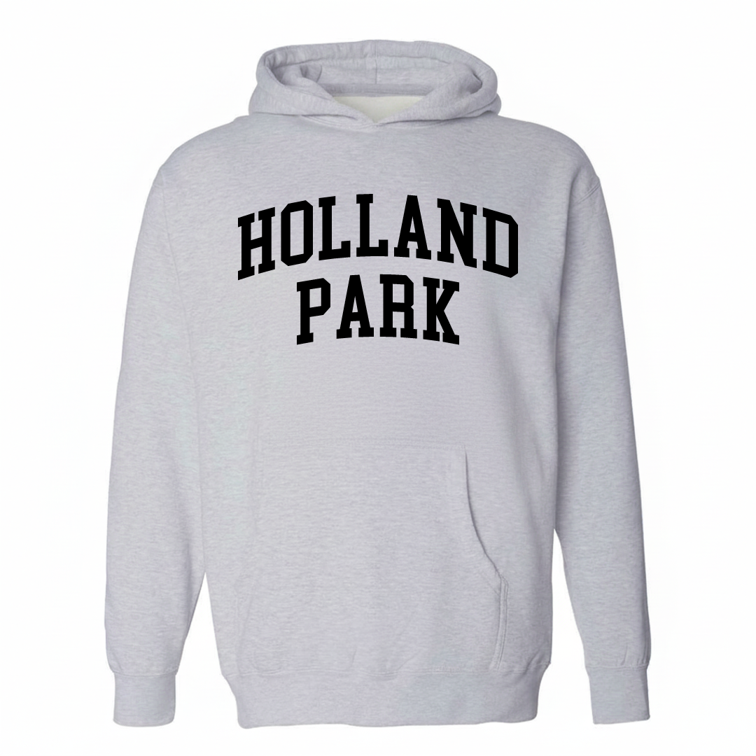Heather-gray hoodie with the Holland Park varsity arched lettering design on the chest.