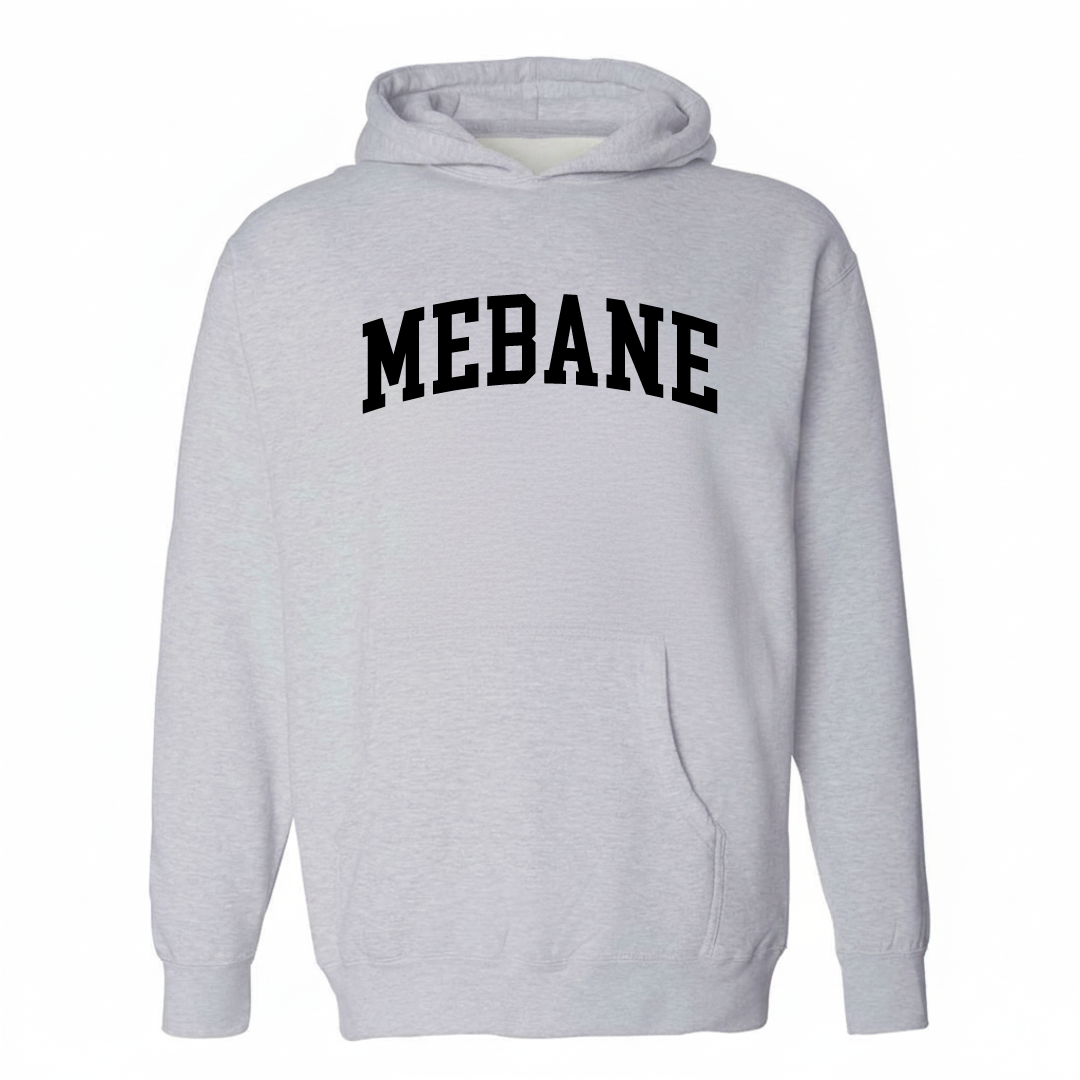 Heather-gray hoodie with the Mebane varsity arched lettering design on the chest.