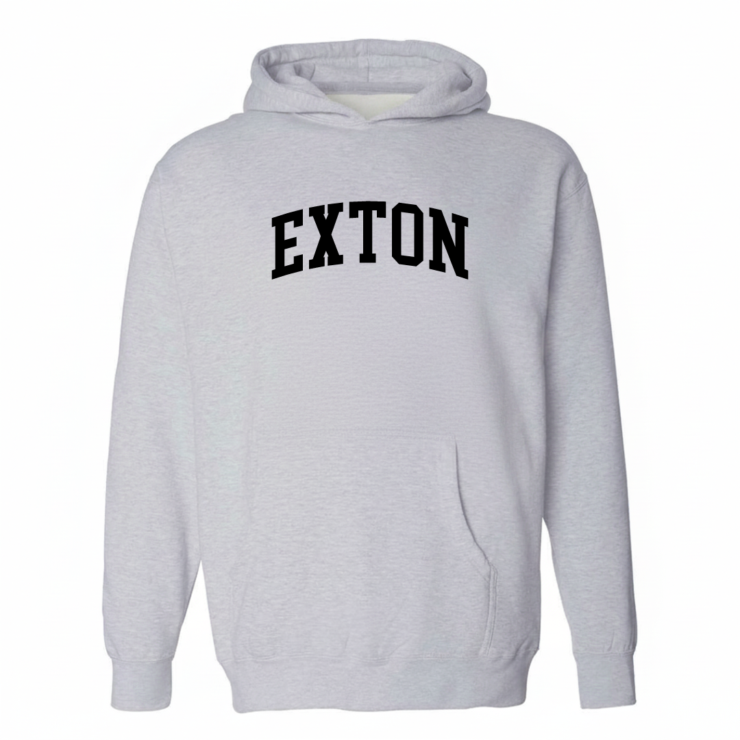 Heather-gray hoodie with the Exton varsity arched lettering design on the chest.