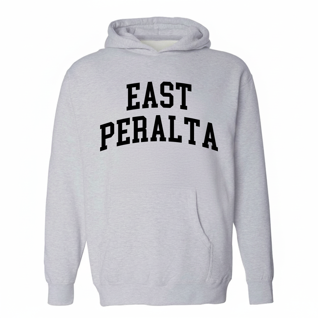 Heather-gray hoodie with the East Peralta varsity arched lettering design on the chest.