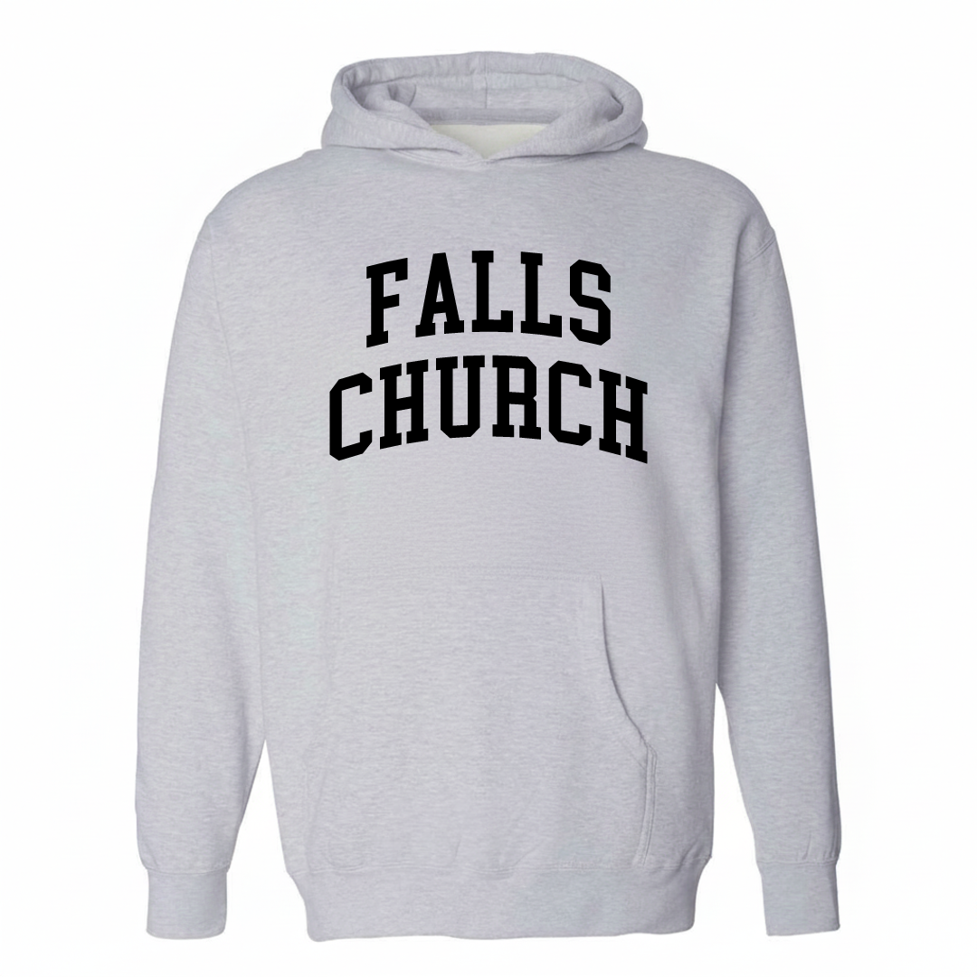 Heather-gray hoodie with the Falls Church varsity arched lettering design on the chest.