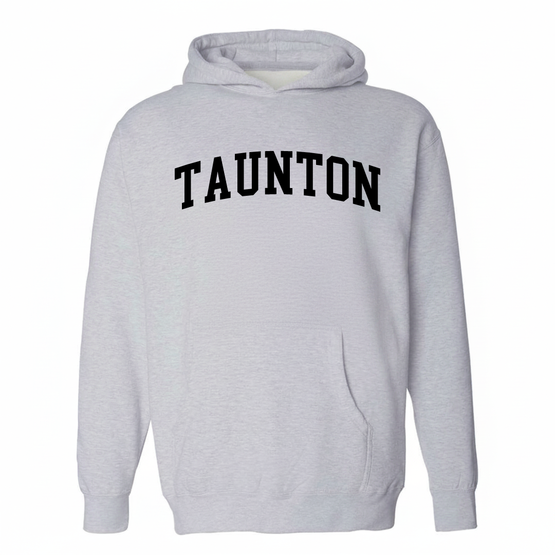 Heather-gray hoodie with the Taunton Silver City arched varsity lettering design on the chest.