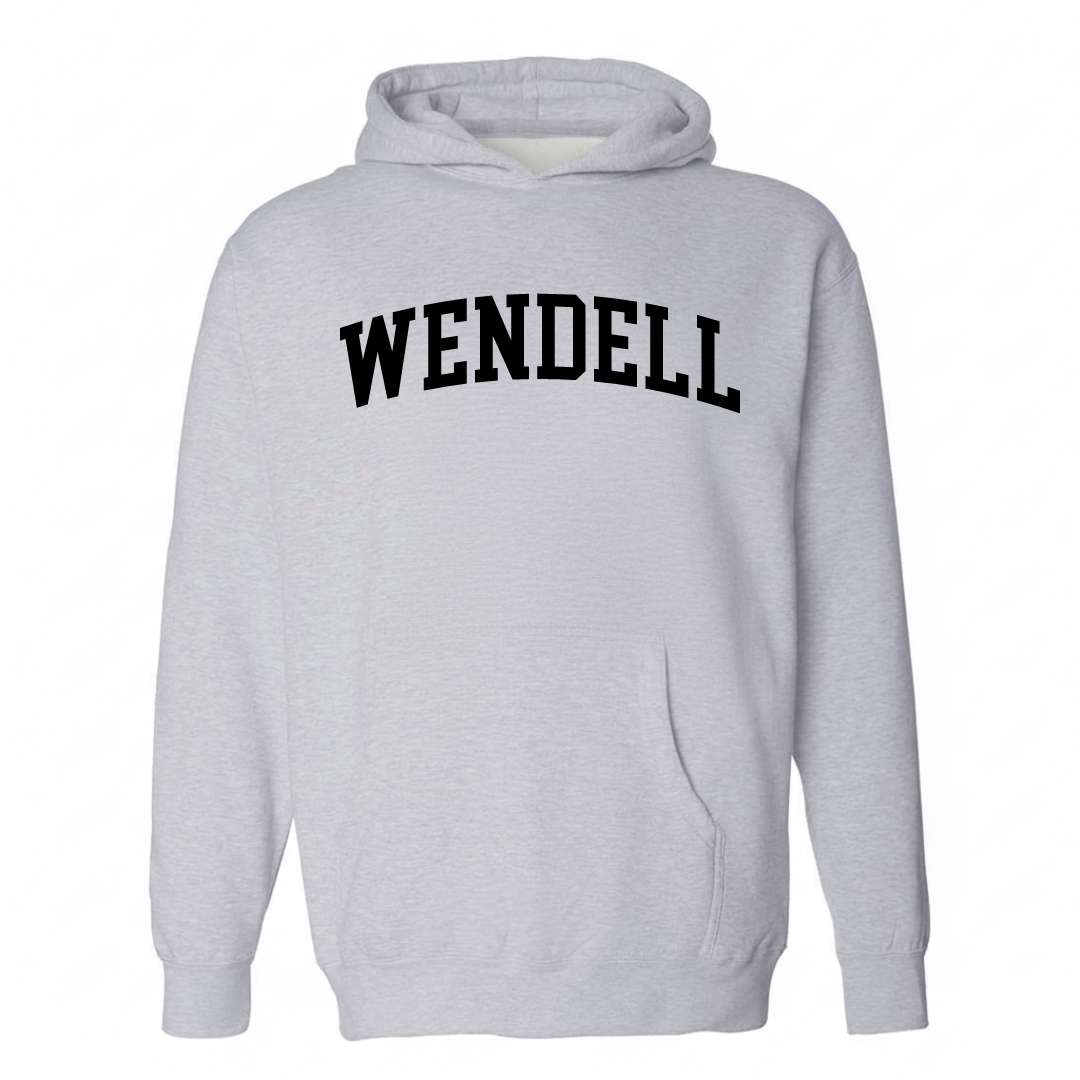 Heather-gray hoodie with the Wendell arched lettering varsity-collegiate design on the chest.