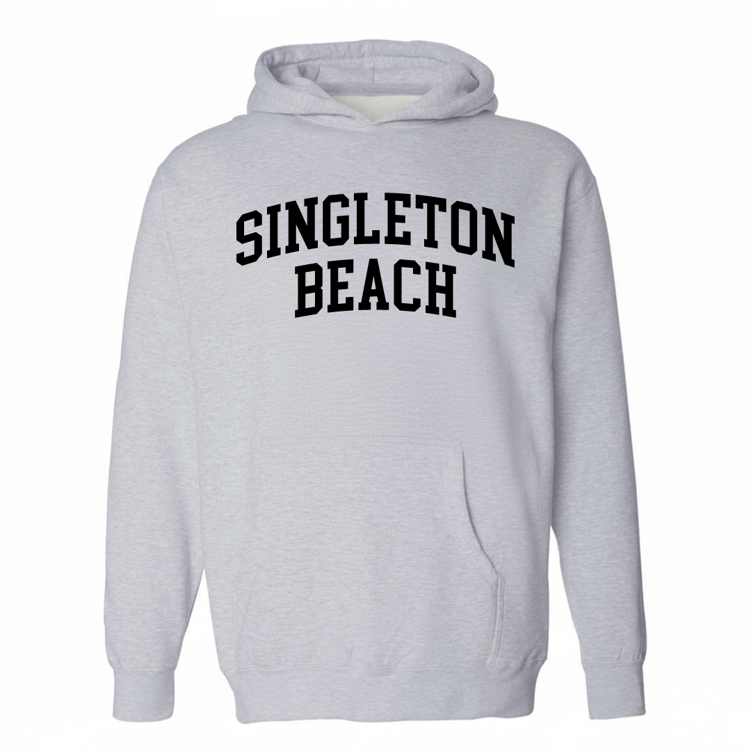 Heather-gray hoodie with the Singleton Beach varsity arched lettering design on the chest.