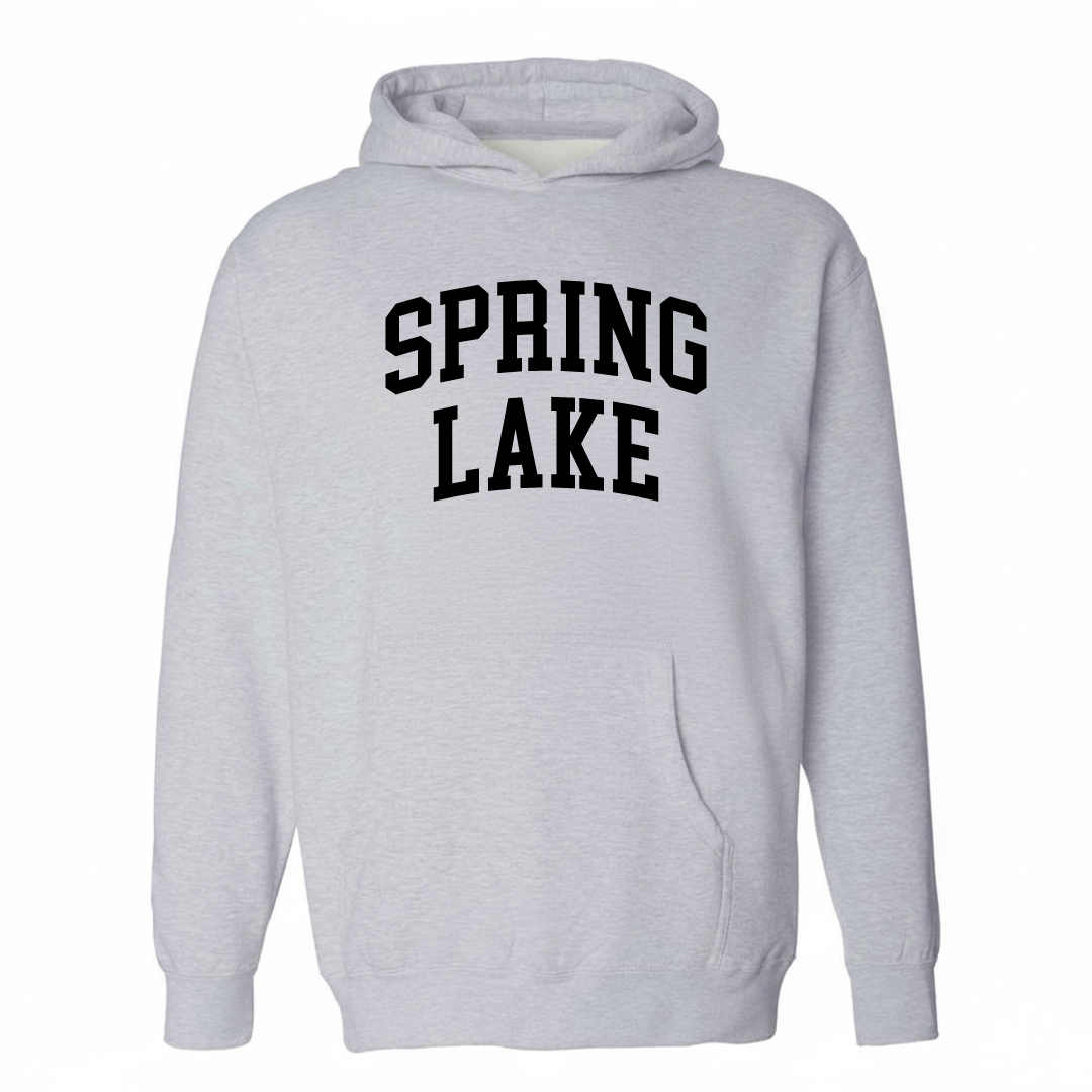 Heather-gray hoodie with the Spring Lake arched lettering varsity-collegiate design on the chest.