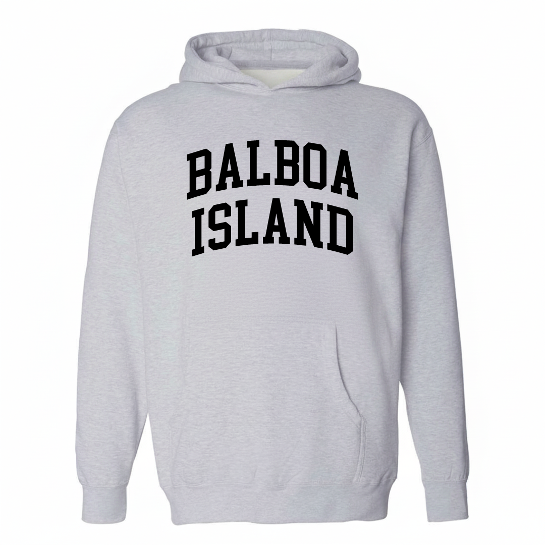 Heather-gray hoodie with the Balboa Island varsity arched lettering design on the chest.