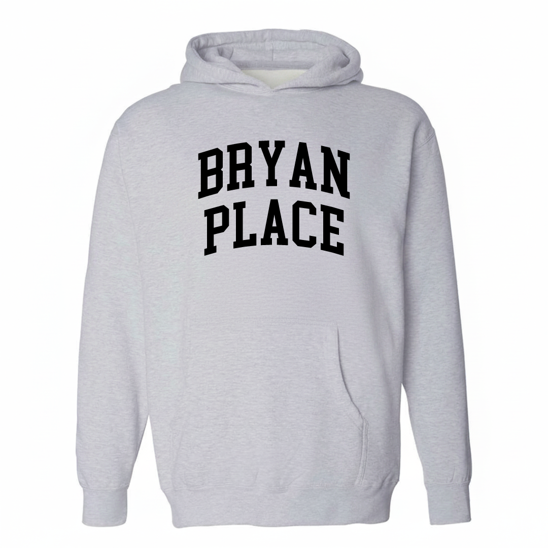 Heather-gray hoodie with the Bryan Place arched varsity lettering design on the chest.