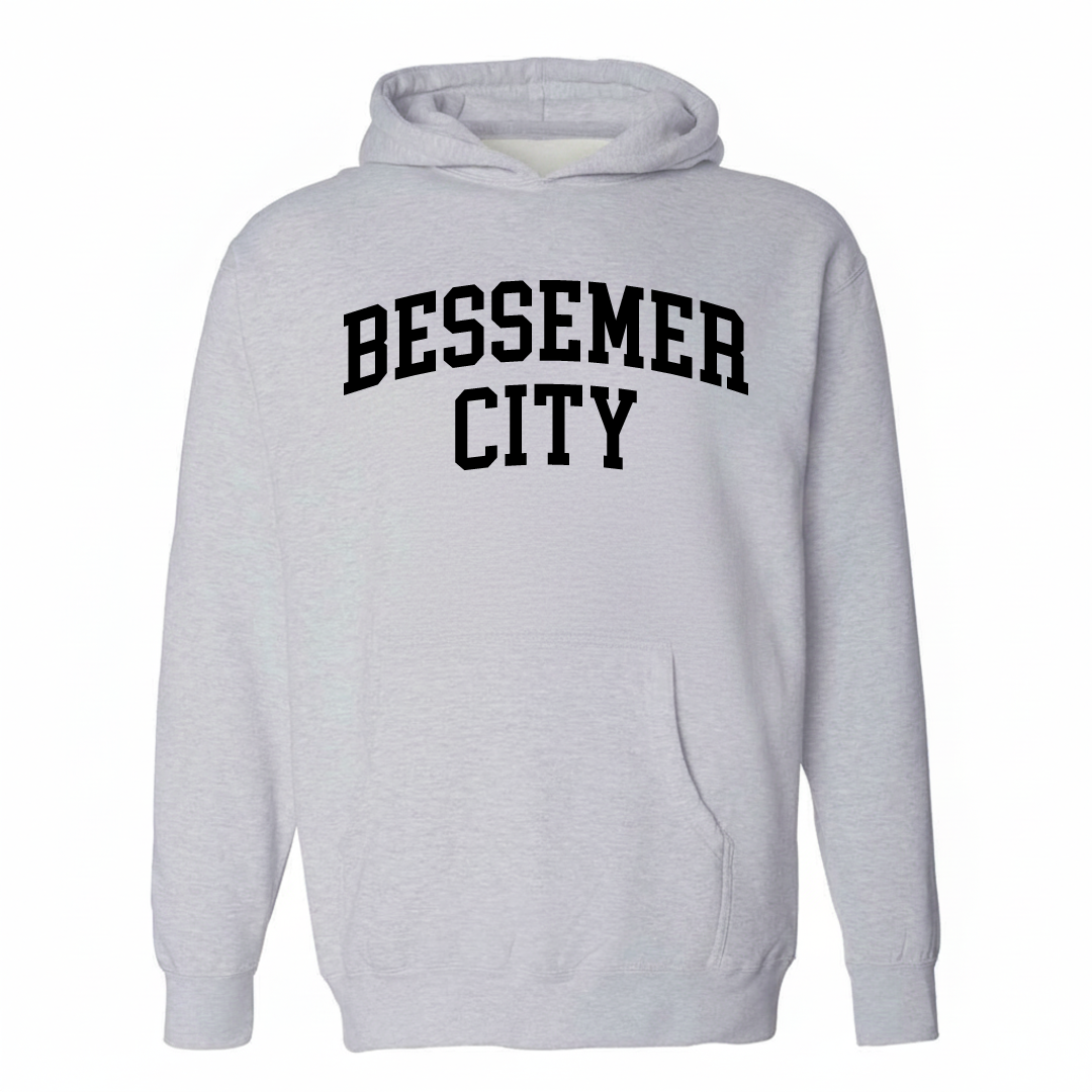 Heather-gray hoodie with the Bessemer City arched varsity lettering design on the chest.