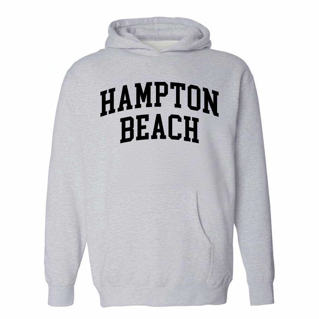 Heather-gray hoodie with the Hampton Beach varsity arched lettering design on the chest.