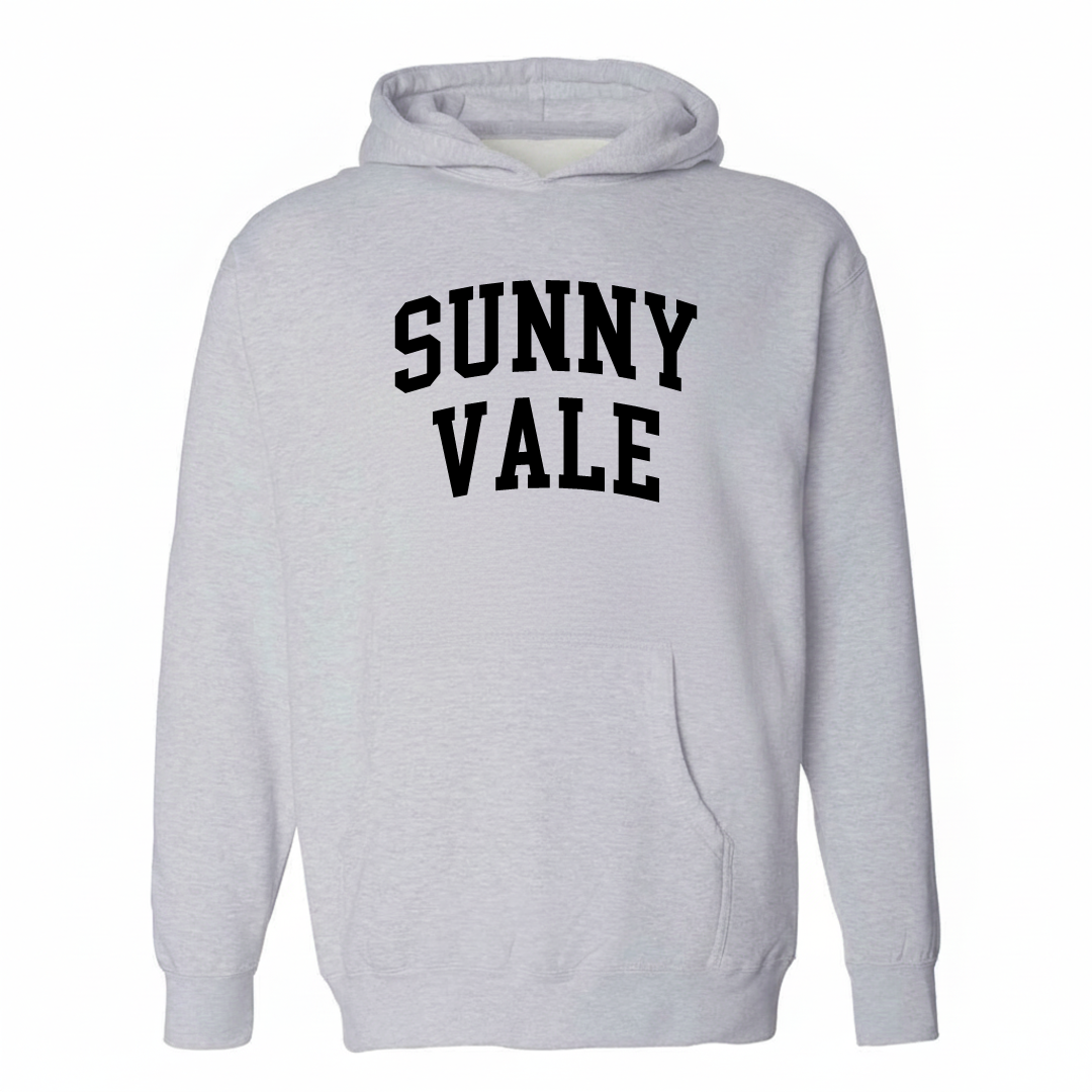 Heather-gray hoodie with the Sunny Vale arched lettering design on the chest.